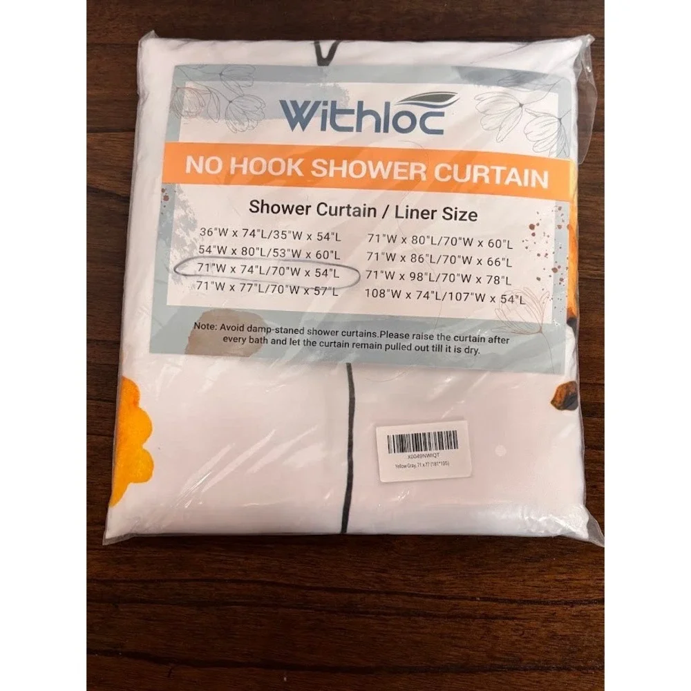 Withloc No Hook Shower Curtain Floral Yellow Gray 71x74 with Built-in Liner